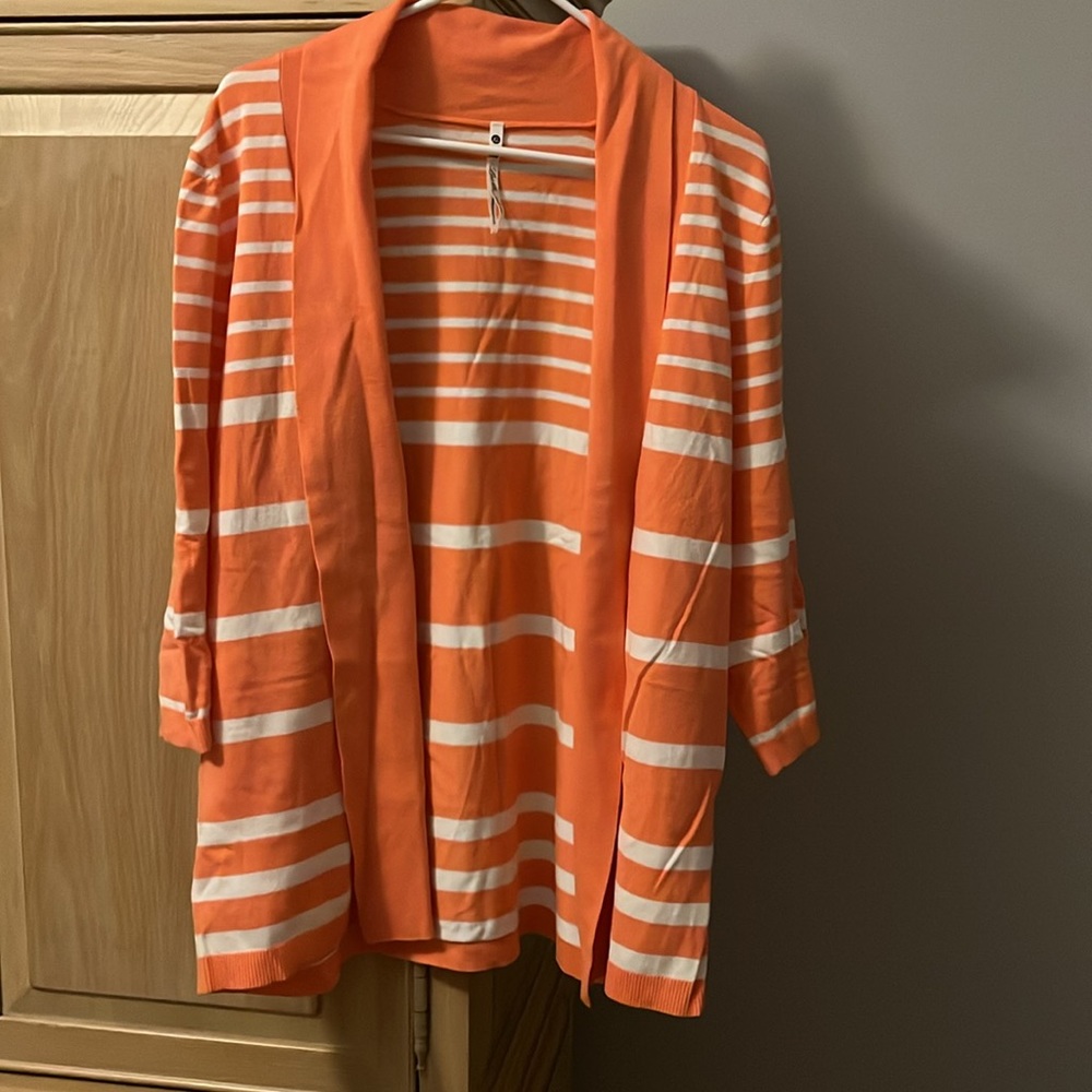 LEA & NICOLE RAYON/NYLON PEACH (SALMON) & WHITE STRIPPED CARDIGAN-3/4 sleeve-XL